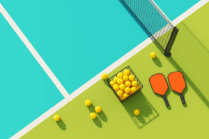 pista pickleball, pelotas y palas