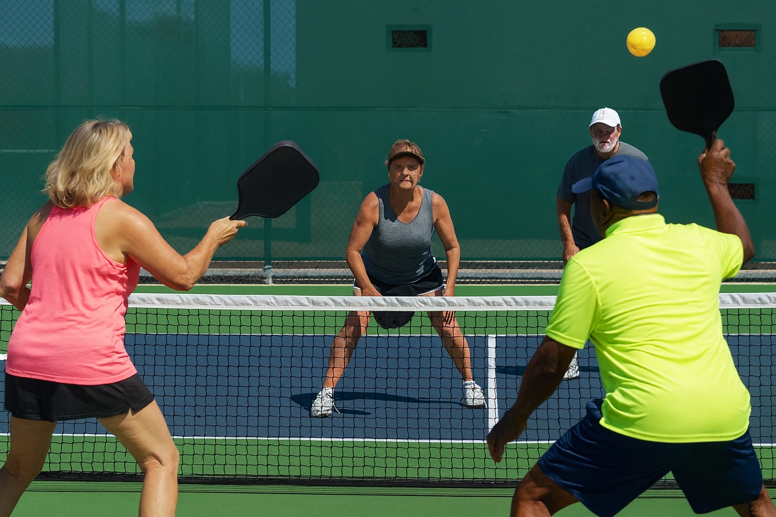 Jugadores realizando ejercicios pickleball de calentamiento en pista